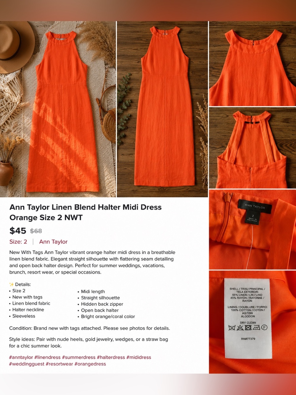 Ann Taylor Bright Orange Halter Linen-Blend Midi Dress Size 2 NWT